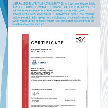 SIERRA LEONE MARITIME ADMINISTRATION - SLMARAD ACHIEVES ISO 9001:2015 CERTIFICATION